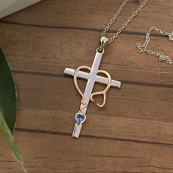 925 Sterling Stethoscope Cross CZ Heart Necklace - Picture 2 of 3